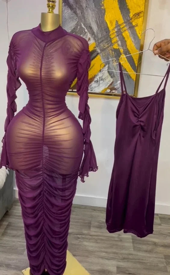CM.YAYA Women Flare Long Sleeve Stacked Ruched Mesh See Though with Tank Dress Maxi Long Dress 2025 Birthday Sexy Party Dresses