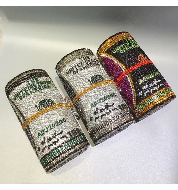 Shaped Crystal Luxury Evening Bag | Sophisticated Gorgeous Novelty Diamond Clutch | Elegant Barrel-Shaped Metallic Purse | "Dignified" Hard Shell Statement Accessory for Formal Party Styling Luxegan