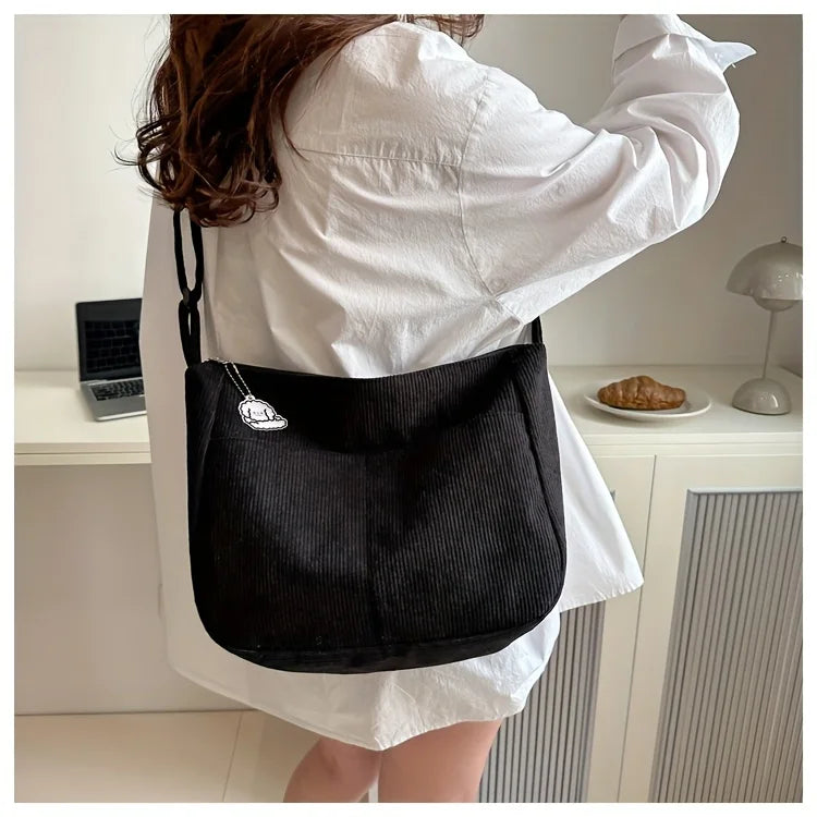 Women's Corduroy Shoulder Bag | Casual Striped Large Capacity Tote with Zipper (Cute Hat Patch, Everyday Use) Luxegan