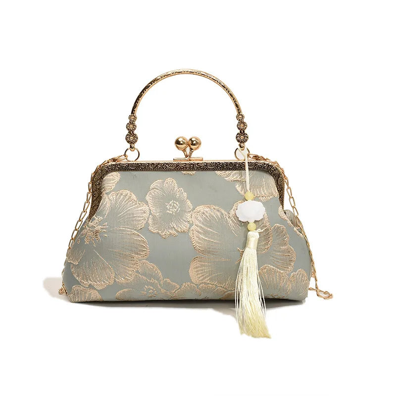 Chinese Style Embroidered Shoulder Bag | Sophisticated Retro Small Square Handbag | Elegant Wedding & Party Evening Clutch | "Dignified" Shell-Shaped Luxury Designer Bag for Formal Styling Luxegan