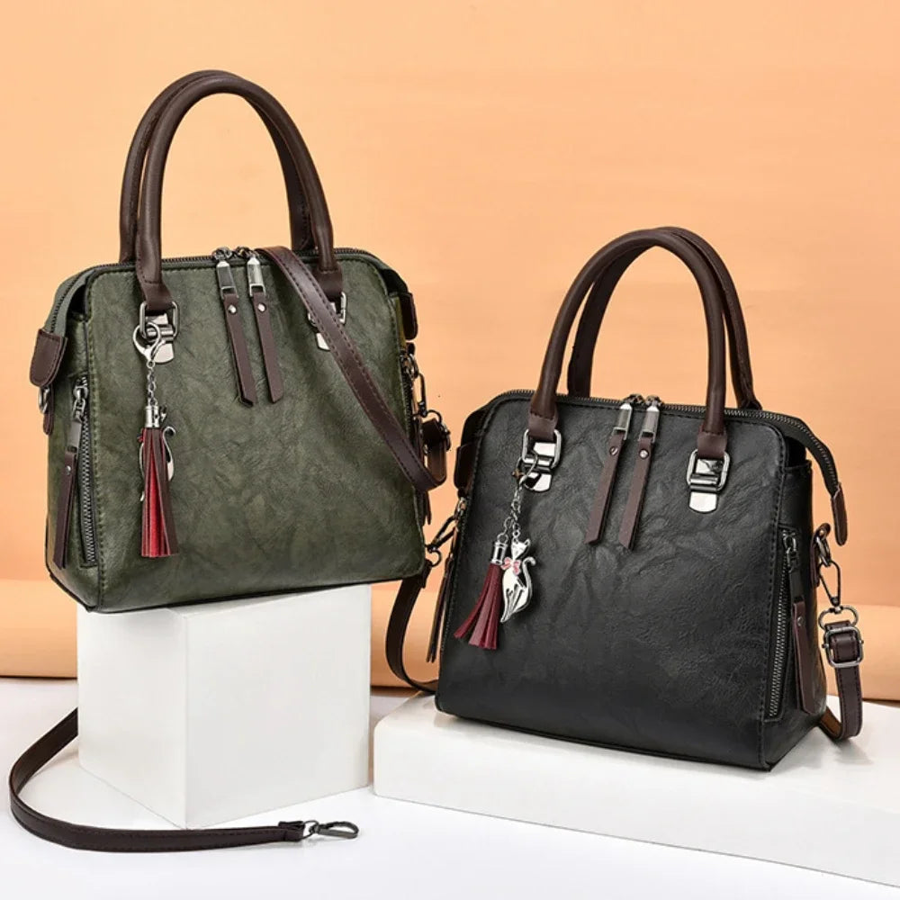 Vintage PU Leather Boston Tote | Tassel Designer Crossbody Shoulder Bag Luxegan