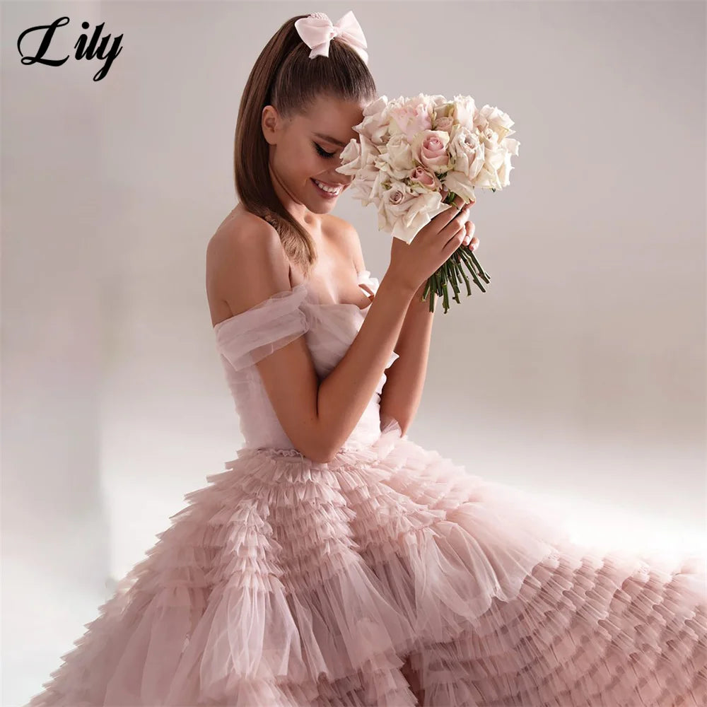 Lily Pink Net Formal Dress Tiered Layer Strapless Party Dress For Wedding Off the Shoulder Special Occasion Dresses robe soirée