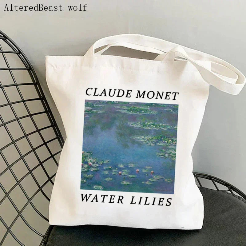 Monet Water Lilies Canvas Shoulder Bag | Sophisticated Kawaii Harajuku Shopping Tote | Elegant Art-Inspired Shopper Handbag | "Dignified" Durable Square Purse for Versatile Daily Styling Luxegan