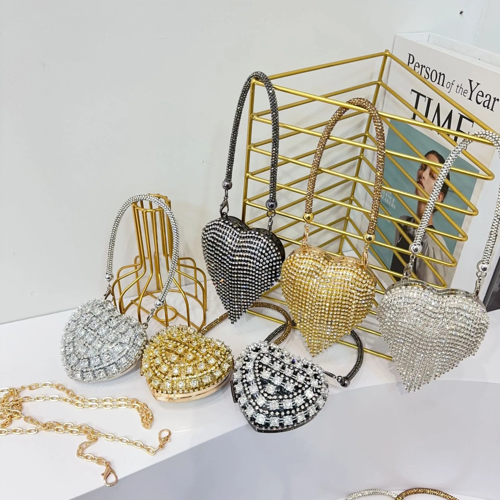 Luxury Mini Heart-Shape Crystal Clutch | Hard Diamond Inlay Evening Party Handbag - view 2