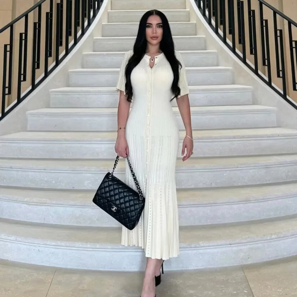 Elegant High-Waist Knitted Split Dress | Sophisticated O-Neck Sleeveless Gown | Elegant "High-Street" Silhouette | "Dignified" Draped Ankle-Length Dress for Radiant Versatile Spring & Summer Styling Luxegan
