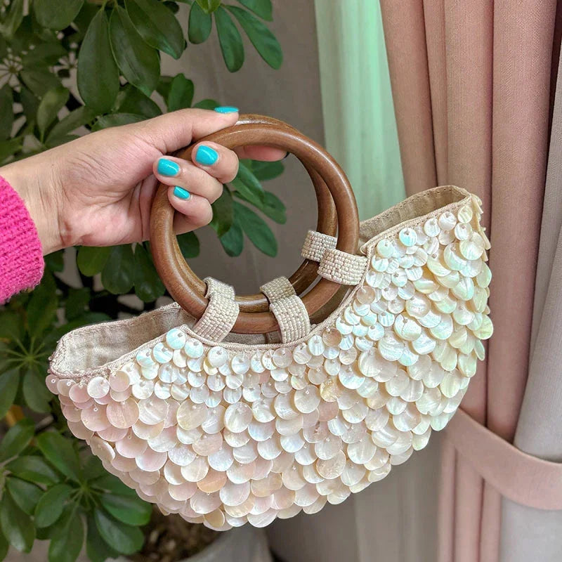 Fashion High-End Shell Bag | Niche Design Pearl Inlay Half-Moon Bag & Handmade Shell Beaded Handbag (New Versatile Crossbody) Luxegan