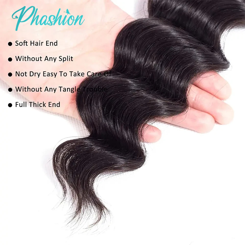 Phashion Loose Deep Wave 4×4 13x4 Lace Frontal HD Transparent Swiss Closure Pre Plucked Brazilian Remy Human Hair For  Women