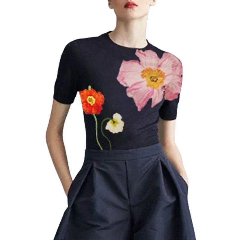 Floral Printed Slim Fit Urban T-Shirt | Sophisticated O-Neck Short Sleeve Silhouette | Elegant "Skinny Fit" Summer Tee | "Dignified" Korean Style Blended Top for Radiant Versatile Styling Luxegan