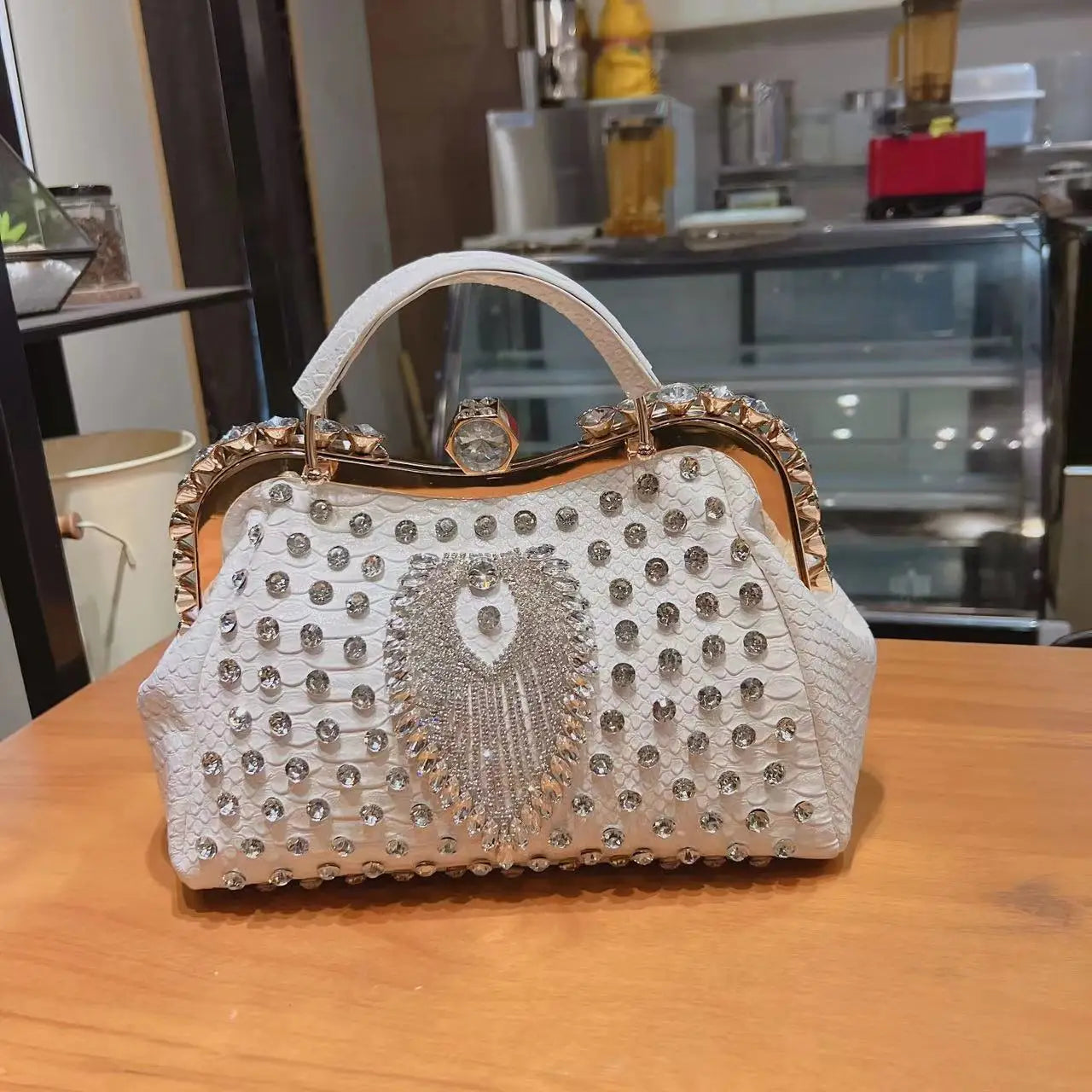 PU Leather Serpentine Frame Bag | Hard Rhinestones Top-Handle Crossbody Luxegan