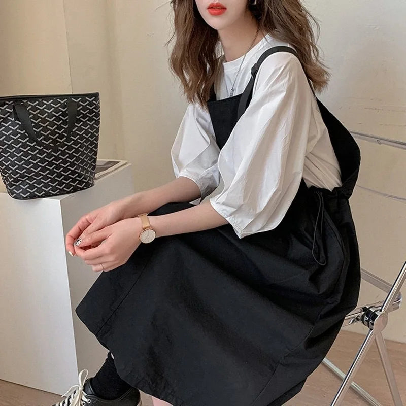 Women's Spring Summer Workwear Overalls Two-Piece Set | Trendy Bubble Puff Sleeve Streetwear Suit | Chic Salt System Casual Outfit | Premium Loose Fit O-Neck Mid-Calf Fashionable Set Luxegan