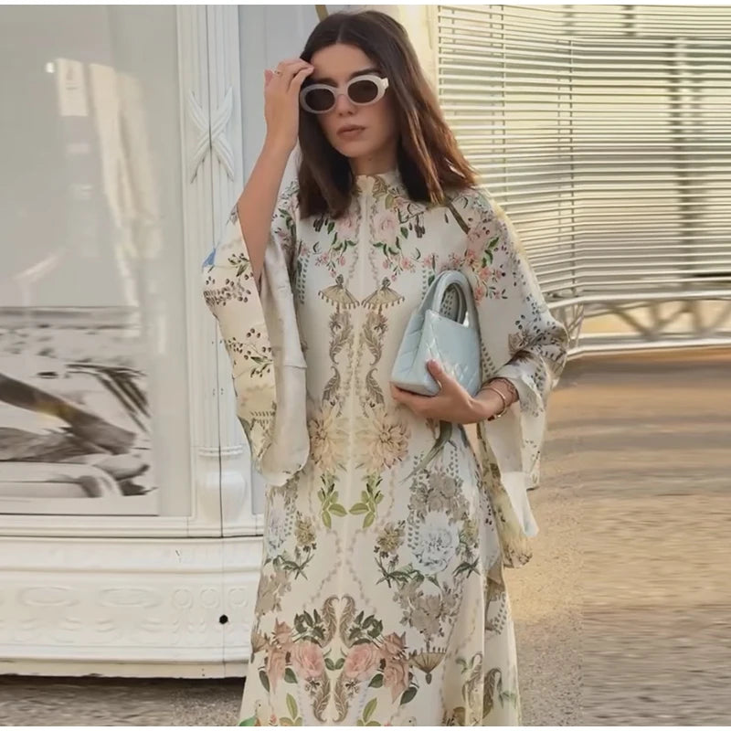 Print Round Neck Flared Half Sleeve Slim Fit Voluminous Skirt Ankle-Length Dress – Natural Waist, Summer Luxegan