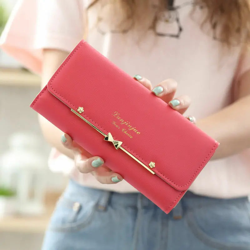 Women Student Cute Bowknot PU Leather Wallet Trifold Large Capacity Card Holder Money Purse Long Phone Handbag