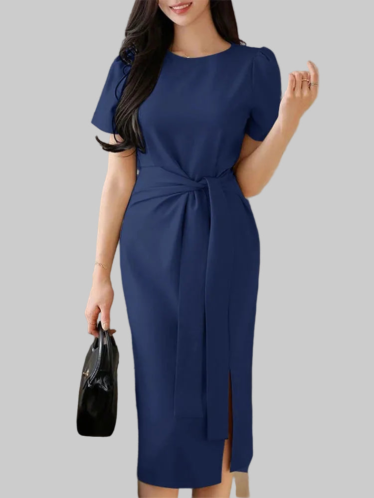 Lace-Up Sash Midi Dress | Short Sleeve O-Neck Sheath Office Elegant Sundress Luxegan