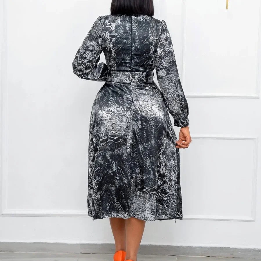 Elegant Vintage Dresses for Women Bow Collar Full Sleeve Belt Waisted A Line Mid Calf Birthday Party Dinner Vestidos Mujer Dress