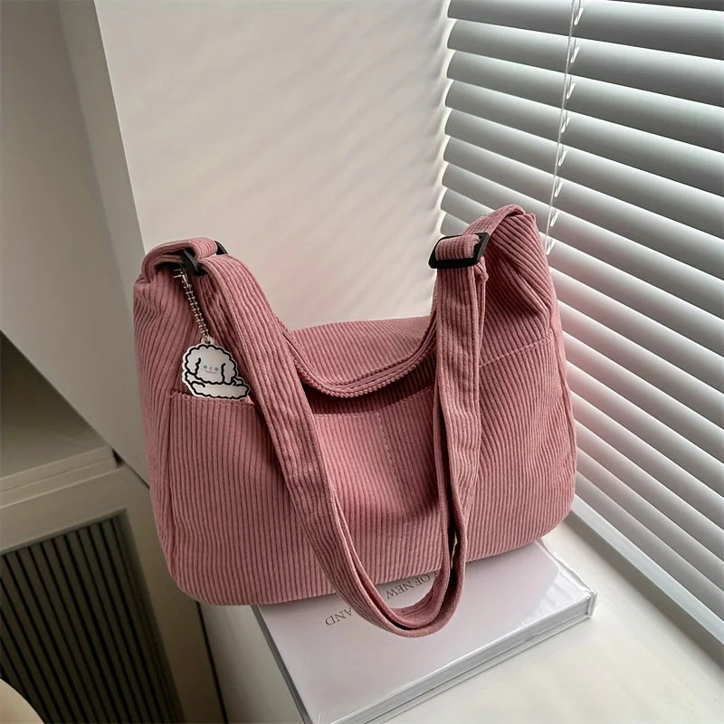 Women's Corduroy Shoulder Bag | Casual Striped Large Capacity Tote with Zipper (Cute Hat Patch, Everyday Use) Luxegan