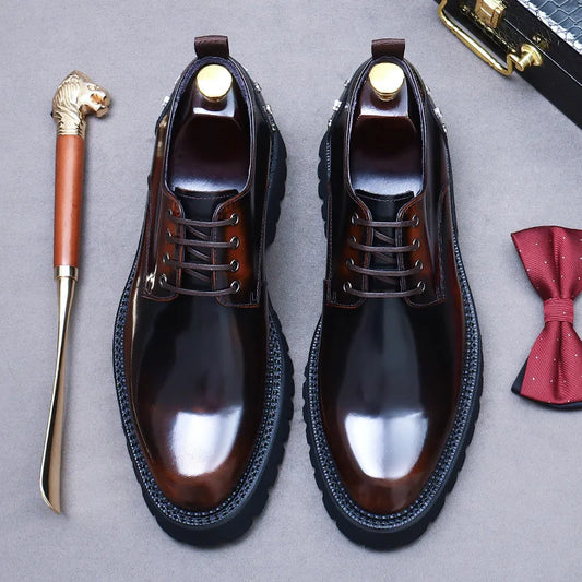 Men's New Business Dress Shoes | Sophisticated Thick-Sole Cowhide Derby Shoes | Elegant "Handmade Genuine Leather" Silhouette | "Dignified" Round Toe Wedding Shoes for Radiant Versatile Office & Career Styling Luxegan