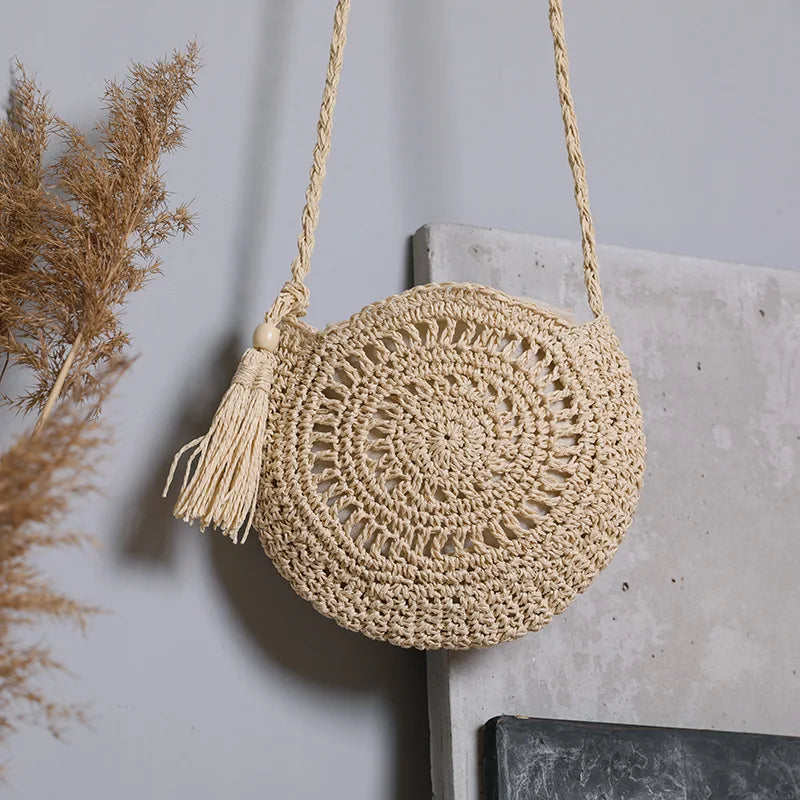 Round Soft Paper Rope Shoulder Bag | Tassel Summer Beach Handmade Crossbody Bag Luxegan