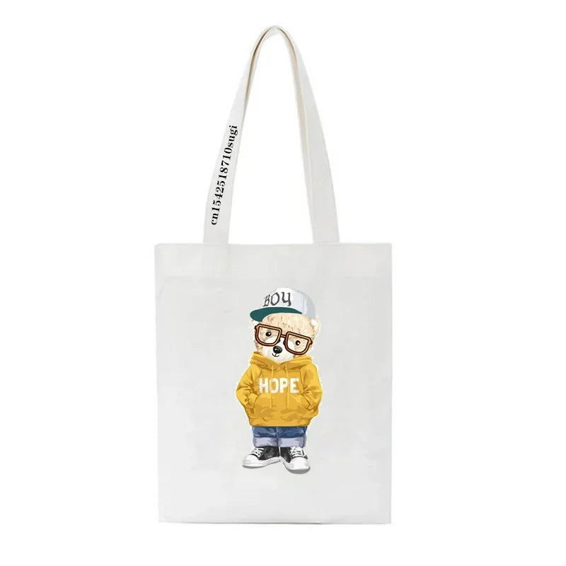 Fashion Bear Print Eco Women Shoulder Bags | Female Handbag Canvas Shopping Bag | Casual Large Ladies Travel Totes Bags Luxegan