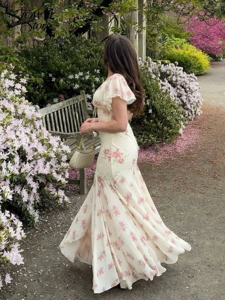 Flutter Sleeves Slim Long Dress Women Casual Pleated Deep V-neck Floral Print High Waist Dresses 2026 Lady Summer Holiday Wear