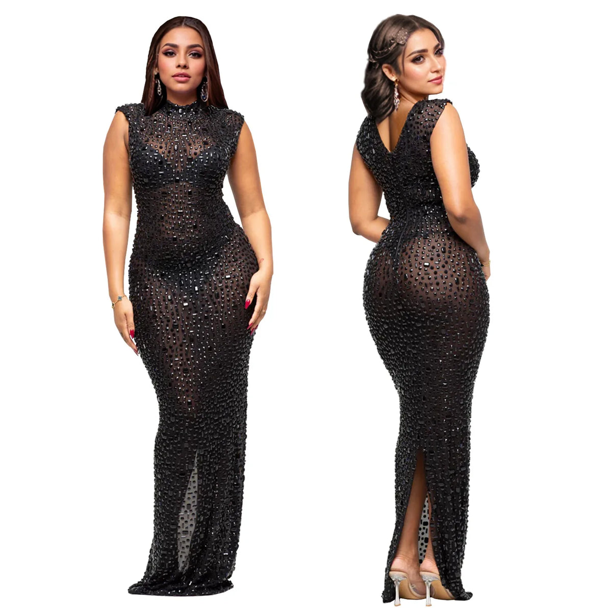 Solid O-Neck Sleeveless Diamond Embellished Slim Fit Straight Midi Dress – Natural Waist, Medium Stretch, Autumn/Winter Luxegan