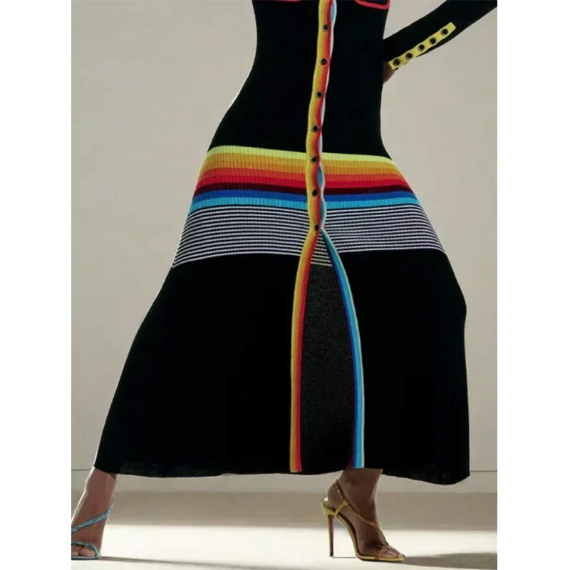 Contrast Color Striped Maxi Dress | Sophisticated Lapel Turn-Down Collar Silhouette | Elegant "Ankle-Length" Slim Party Gown | "Dignified" Buttoned High Street Dress for Radiant Versatile Styling Luxegan