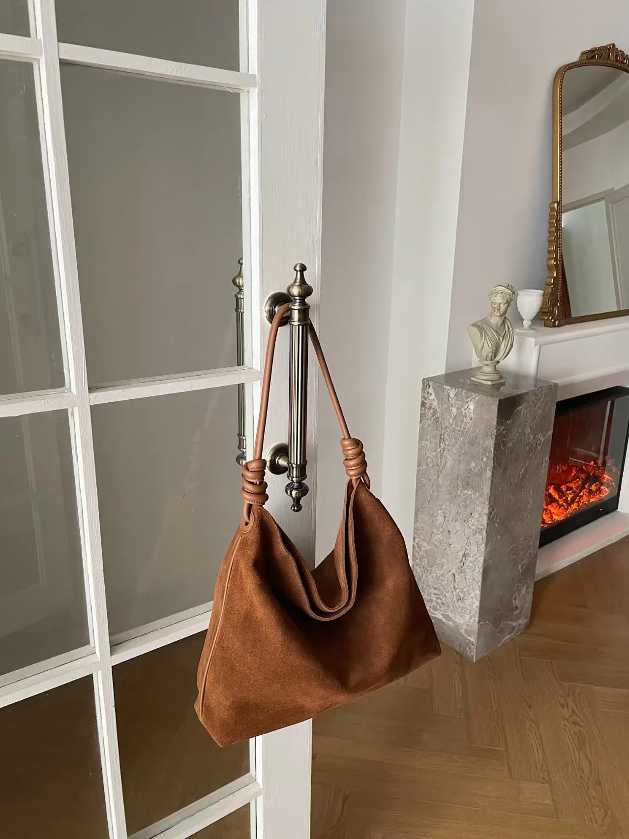 All-Match Chamois Matte Suede Cowhide Leather Tote | Large Capacity Designer Maillard Dressing Coffee Winter Ladies Handbag Luxegan