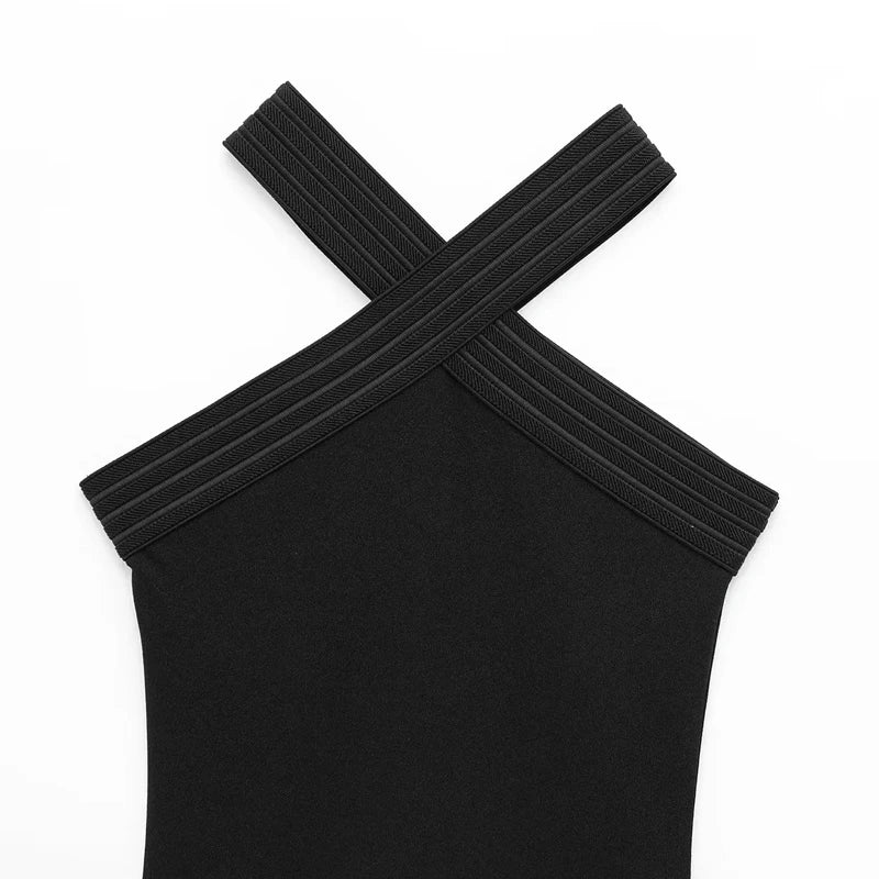 Women's Solid Black Halter Mini Dress | Elegant Sleeveless Backless Party Evening Dress | Slight-Stretch Slim-Fit Spring Summer Sheath Dress Luxegan