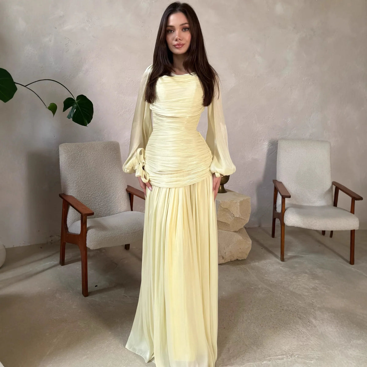 Solid Round Neck Long Sleeve Draped Loose Fit Floor-Length Dress – High Waist, Spring/Summer Luxegan