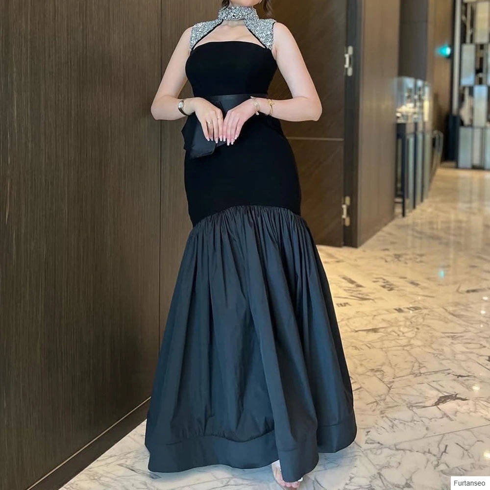 Crystal Sashes Draped A-Line Evening Gown | High-Neck Sleeveless Floor-Length Prom Dress Luxegan