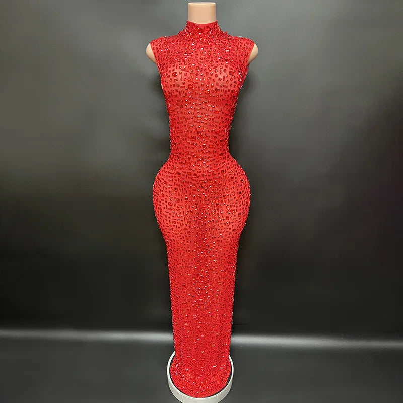 Luxurious Rhinestone Celebration Party Dress | Sparkling Couture Baby Shower Gown | One-Shoulder Turtleneck Medium-Stretch Sheath Dress Luxegan