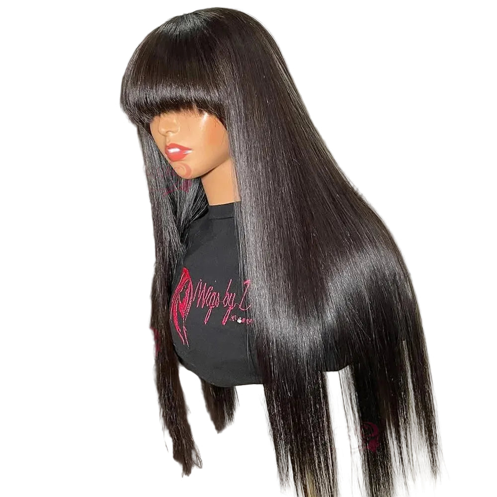 Raw Indian Bone Straight Human Hair Wig | Sophisticated 4x4 Lace Closure Middle Part | Elegant "Brazilian Virgin" 30–32 Inch Length | "Dignified" Glueless Wear-and-Go Wig with Bangs for Radiant Versatile Styling Luxegan