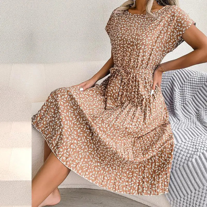 Floral Chiffon High-Waist A-Line Dress | Pleated O-Neck Short Sleeve Casual Dress | Elegant Empire Waist Summer Midi Dress Luxegan