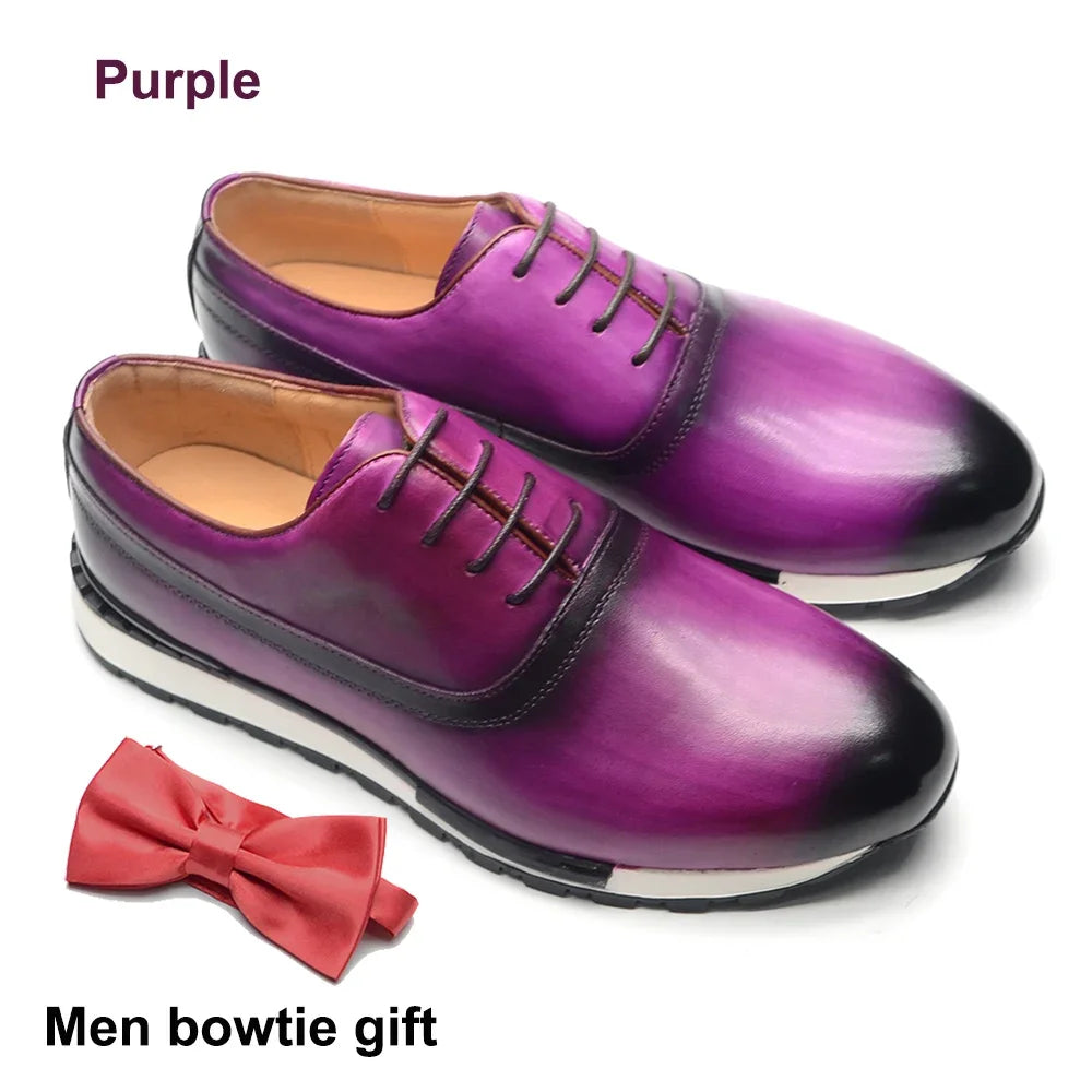 Luxury Classic Oxford Sneakers | Sophisticated Hand-Painted Genuine Cow Leather | Elegant "Dark-Blue & Purple" Lace-Up Male Footwear | "Dignified" Handmade Sheepskin Insole Shoes for Radiant Versatile Styling Luxegan