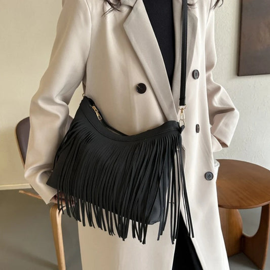 Vintage Tassels Crossbody Bag for Women | Large Capacity Casual Fringes Shoulder Bag | Sophisticated Linen Outdoor Travel Handbag | Elegant Bohemian Casual Tote Purse for Ladies Luxegan