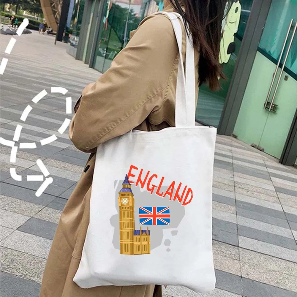 London Big Ben England Map Flag Canvas Tote Bag | UK City Landscape Skyline Shoulder Shopping Handbag (Women's Tourist Gift) Luxegan