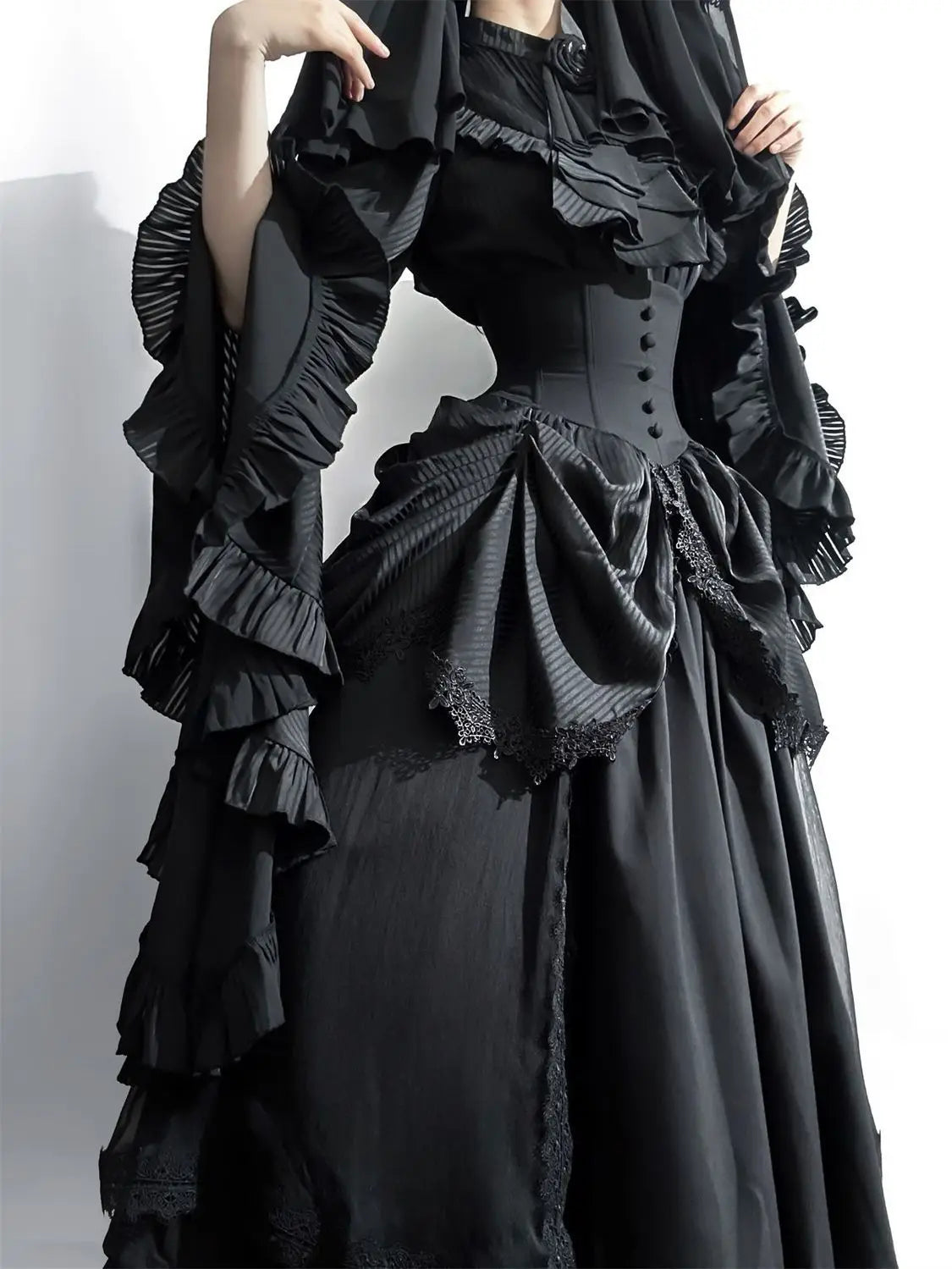Women's Sleepwalking Gothic Style Skirt Set | Dark Halloween Lolita Slim Fit Mini Dress | Elegant Princess Flare Sleeve Goddess Outfit | Premium Non-Woven Solid Black Co-Ord Set with Bow Accent Luxegan