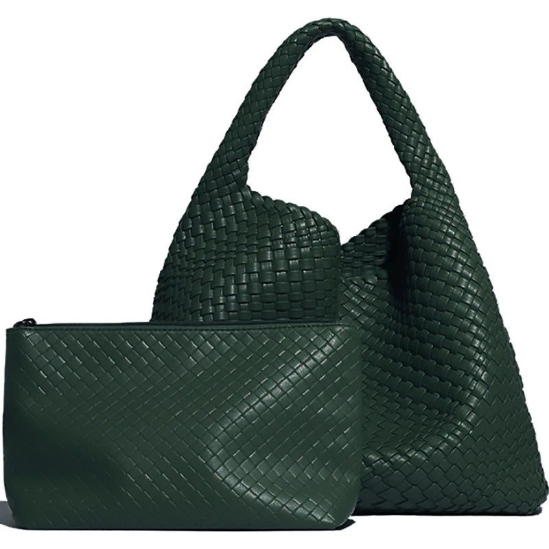 Large Woven PU Leather Shoulder Bag | Soft Summer Beach Shopper with Purse Luxegan