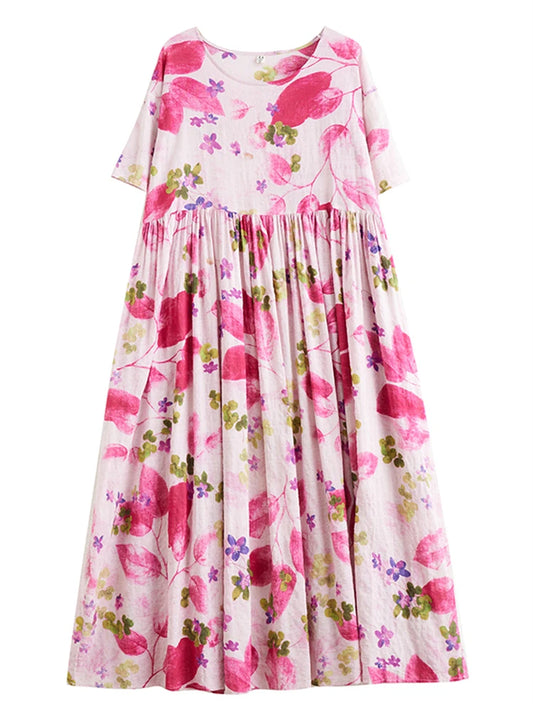 Floral Print Round Neck Short Sleeve Loose A-Line Mid-Calf Dress – Cotton Blend, Summer Luxegan