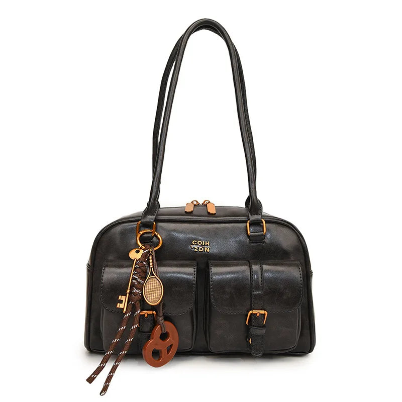 Women’s Coffee Brown Multi-Pocket Handbag | Stylish Versatile Letter Crossbody Purse | Vintage PU Leather Shoulder Bag with Sequined Detail | Large Capacity Daily Tote for Travel & Work Luxegan