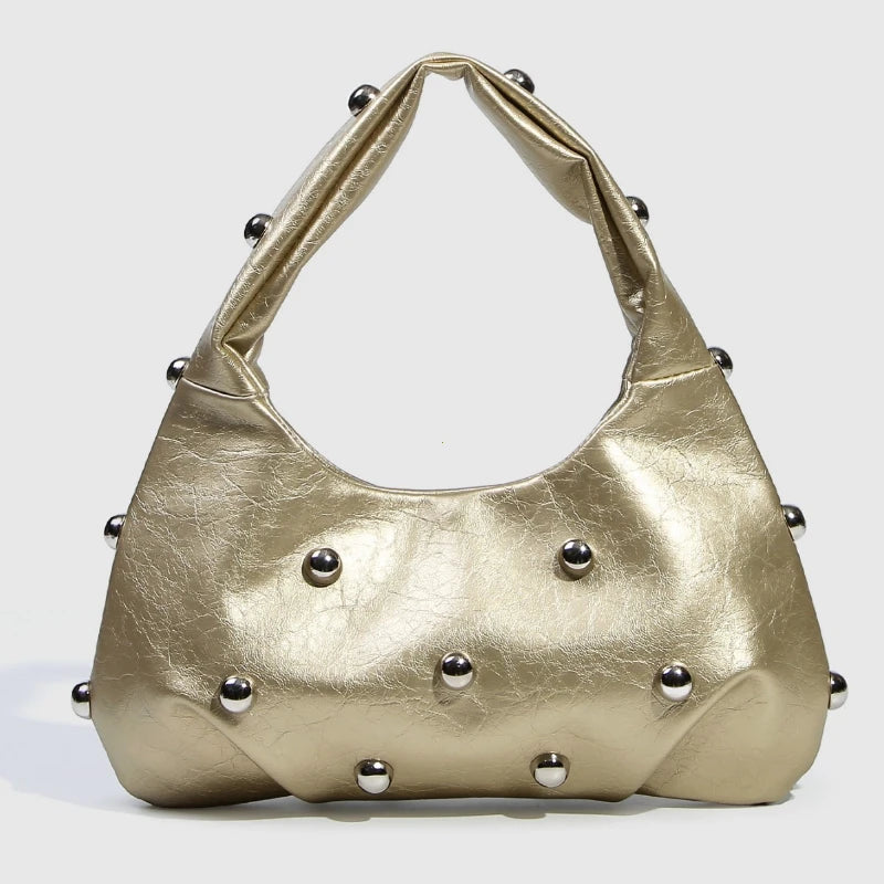 New Rivet Women's Designer Handbag | HARD PU Leather Casual Hobo Shoulder Bag | Half Moon Underarm Tote Clutch Luxegan