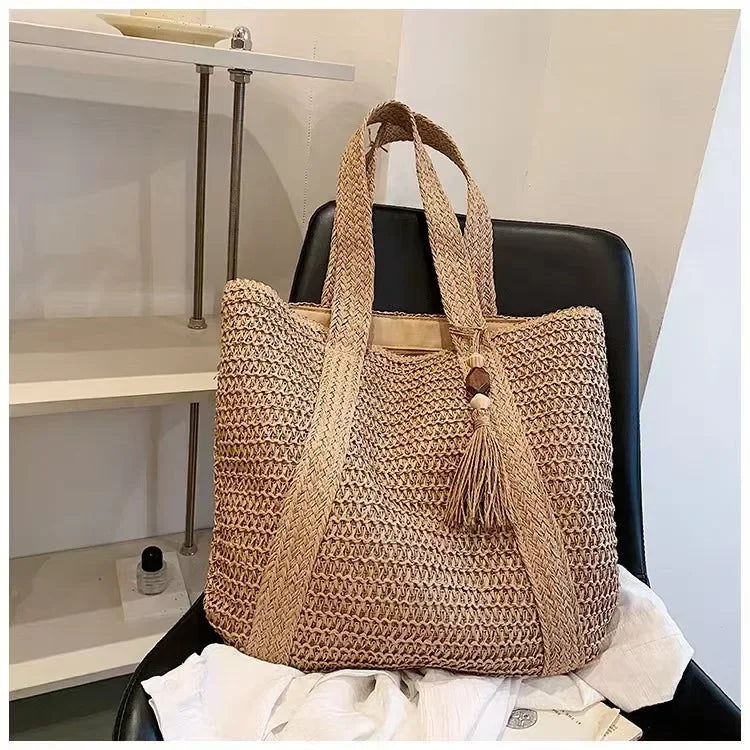 Fashion Straw Summer Large Capacity Tote Bag | Women's Shoulder Bag & Handmade Woven Bag (Fresh Rural Handheld Grass Woven Women Bag) Luxegan