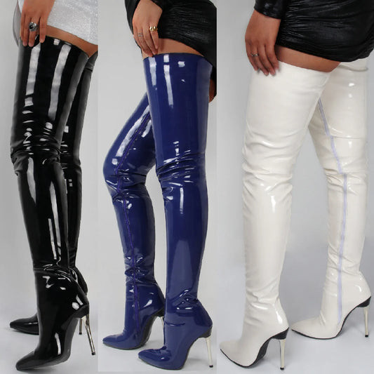 Patent Leather Over-the-Knee Stilettos | Sophisticated Super High Heel Thigh-High Boots | Elegant "Handmade Modern" Silhouette | "Dignified" Sexy Pointed Toe Winter Boots for Radiant Versatile Styling Luxegan