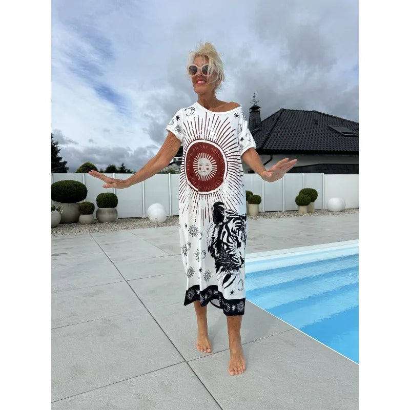 Women's European and American Vacation Long Dress | Elegant Temperament V-Neck Short-Sleeve Midi Purse | Casual Side-Split Printed A-Line Dress | Premium All-Season Pullover Model YMF6624 Luxegan