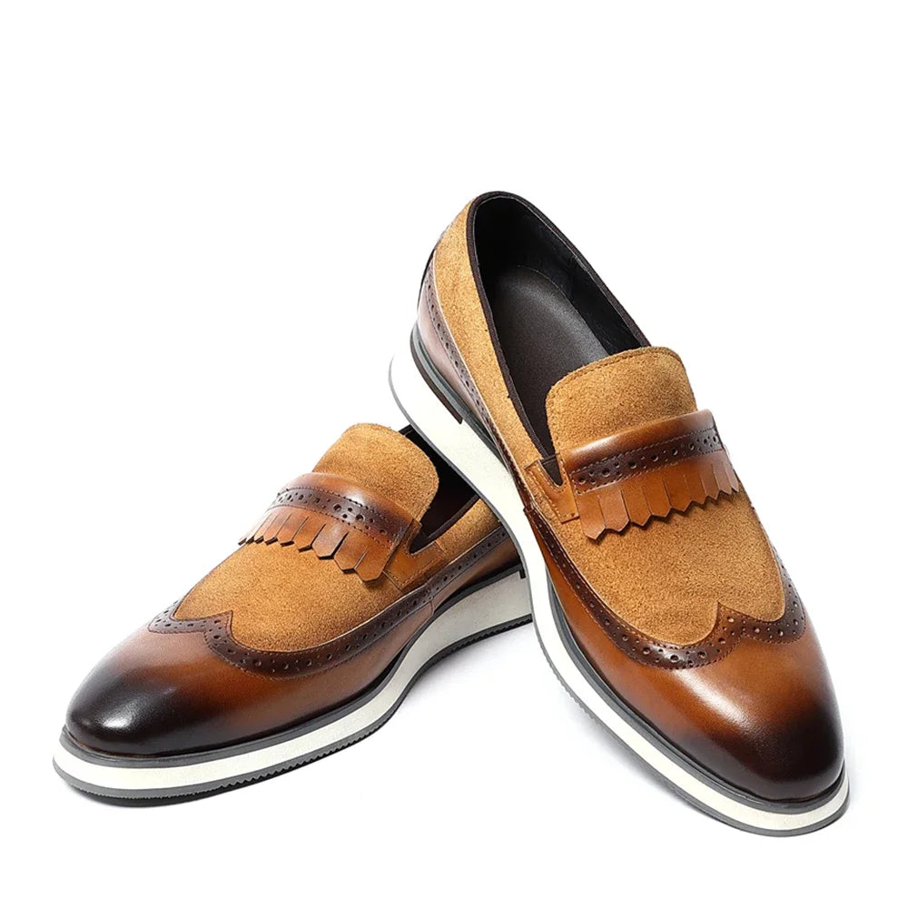 Many Colors Classy Men's Genuine Leather Tassel Loafers | Cow Suede Wingtip Brogue Casual Business Flats Luxegan