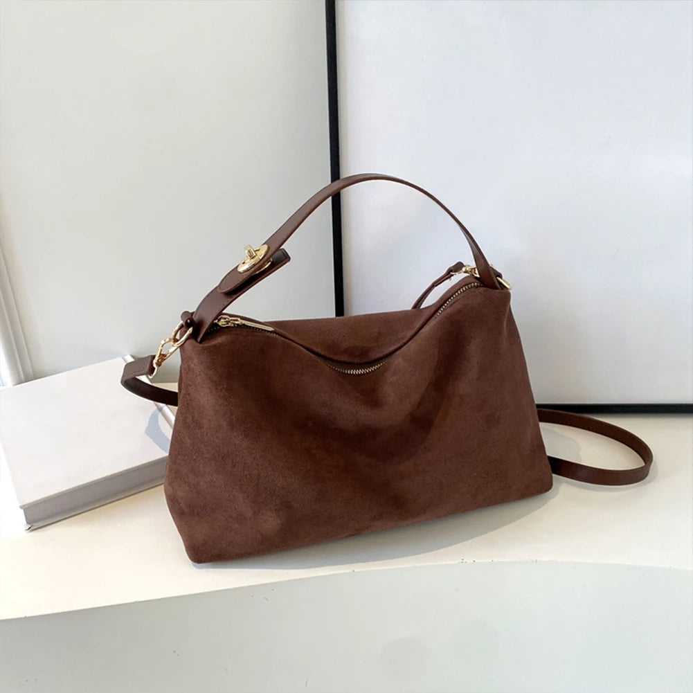 Women’s Big Boston Tote Bag | Soft Matte Faux Suede Messenger Handbag | Trendy Autumn/Winter Shoulder & Crossbody Bag | Large Capacity Satchel in Grey and Brown Luxegan