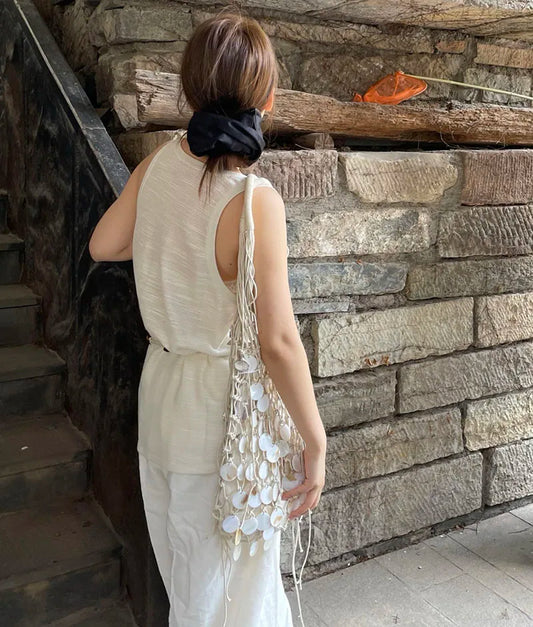Handmade Woven Shell Bucket Bag | Sophisticated "Wooden Handle" Silhouette | Elegant Embroidery Tassel Handbag | "Dignified" High-Performance Cotton Essential for Radiant Versatile Styling Luxegan