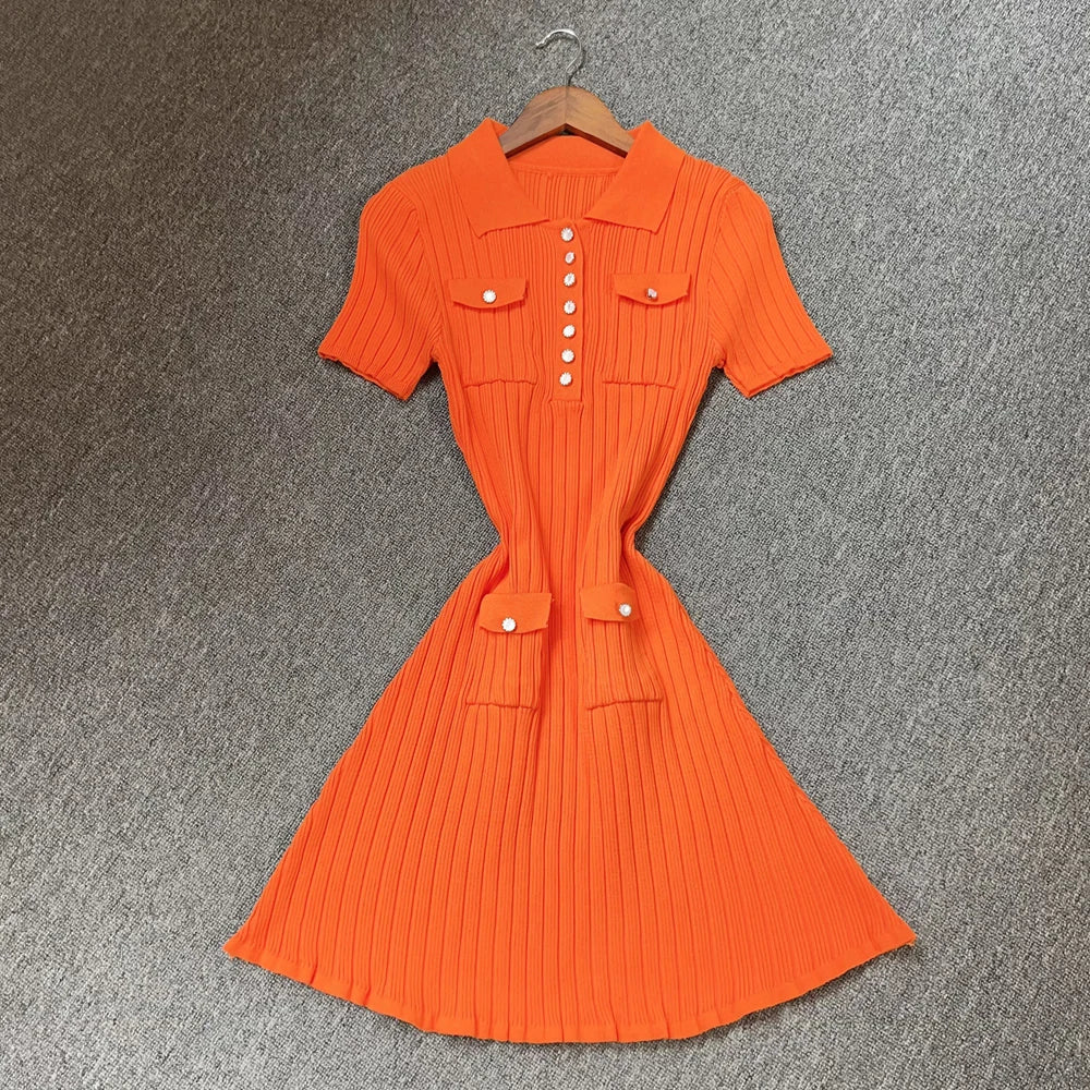 Women's Aesthetic Knitted Short Dress | Korean Fashion Turn-Down Collar Party Gown | High Street Buttoned Pockets Summer Dress | Premium Knit Medium Stretch A-Line Luxegan