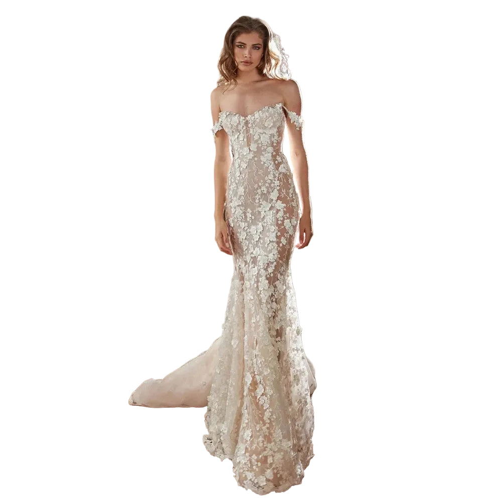 Elegant Boat Neck Lace Mermaid Wedding Dress | Luxury Illusion Beaded Pearls Bridal Gown | Spaghetti Strap Court Train Trumpet Marriage Dress Luxegan