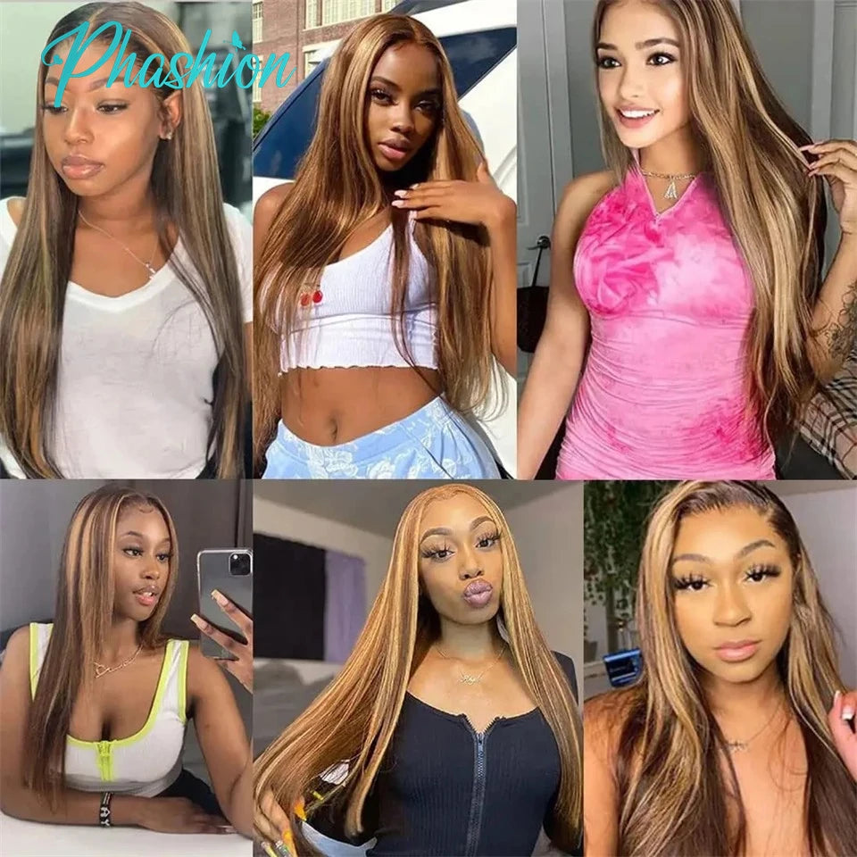 Phashion 28 26 Inch Highlight 13x6 13x4 Lace Frontal Straight HD Transparent P4/27 6 by 6 5x5 4x4 2x6 Closure 100% Human Hair
