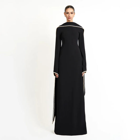 Vestido de Fiesta de Boda Personalizado Negro Corte A Perlas Manga Larga Cuello Redondo Vestido de Noche Larga Capa Árabe Saudita Vestido Formal de Noche